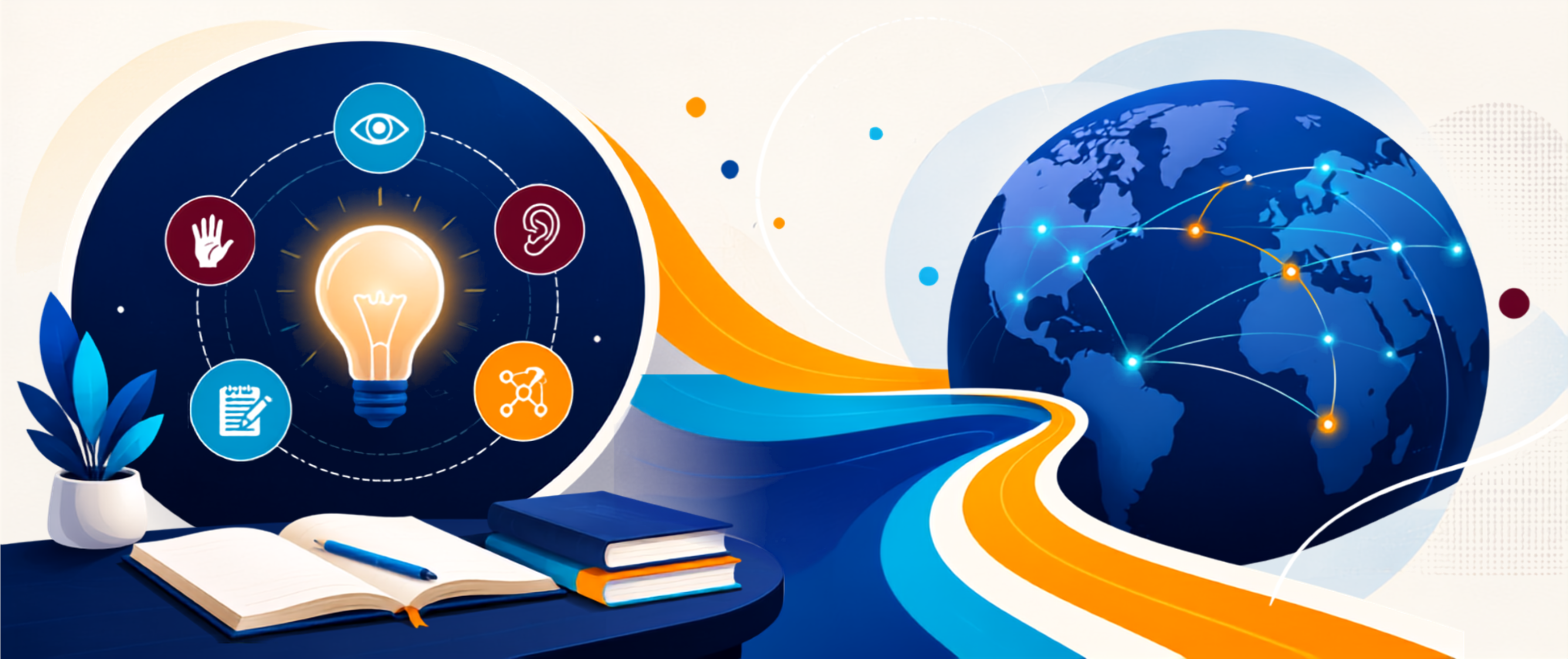 A lit desk with an open notebook and books, leading out to a world map of connected points